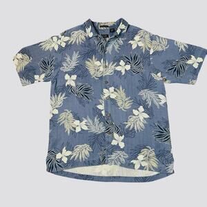 Izod Washable Silk & Linen Shirt Mens Size L Hawaiian Print Blue White